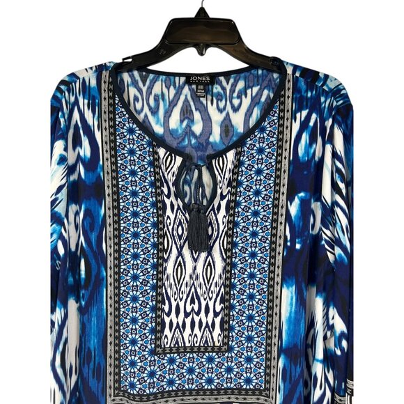Jones New York Womens 2X Blue & White Printed Tunic Top With Tassel Tie Neckline - Picture 15 of 16